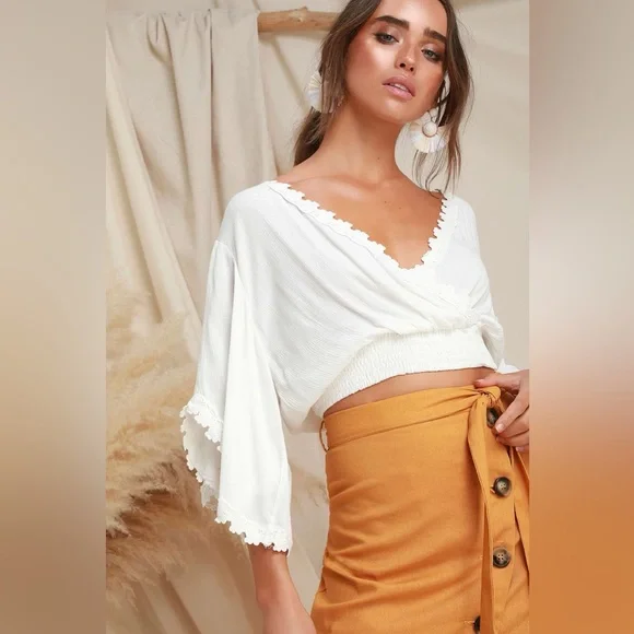 Lulus Pacifica White Lace Crop Top NWT Size S • Boho Lace Peasant Blouse - Picture 3 of 5